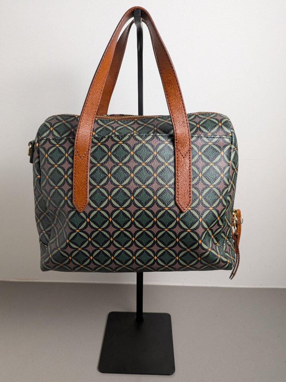 FOSSIL SYDNEY SATCHEL GREEN DIAMOND SHAPES TOP HANDLE BAG LEATHER